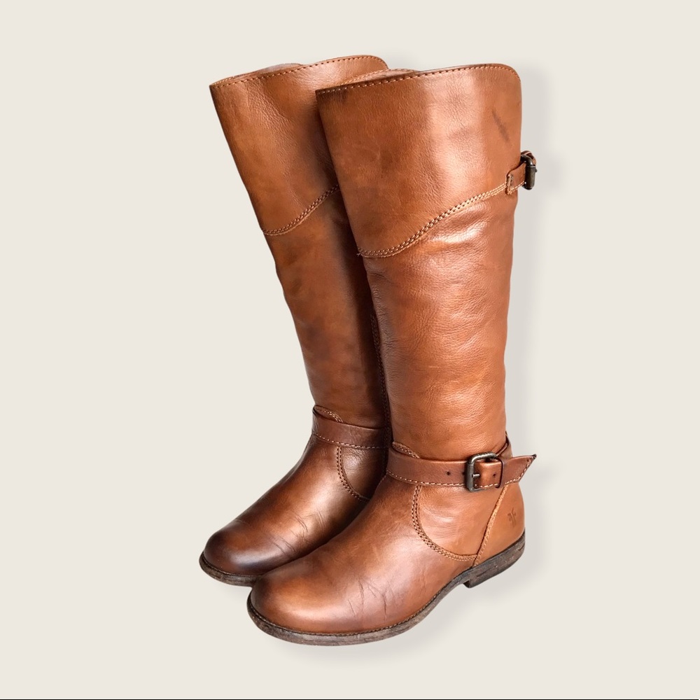 Frye Phillip Riding Knee High Cognac Real Leather Tall Buckle Vintage Low Boots - Picture 7 of 14